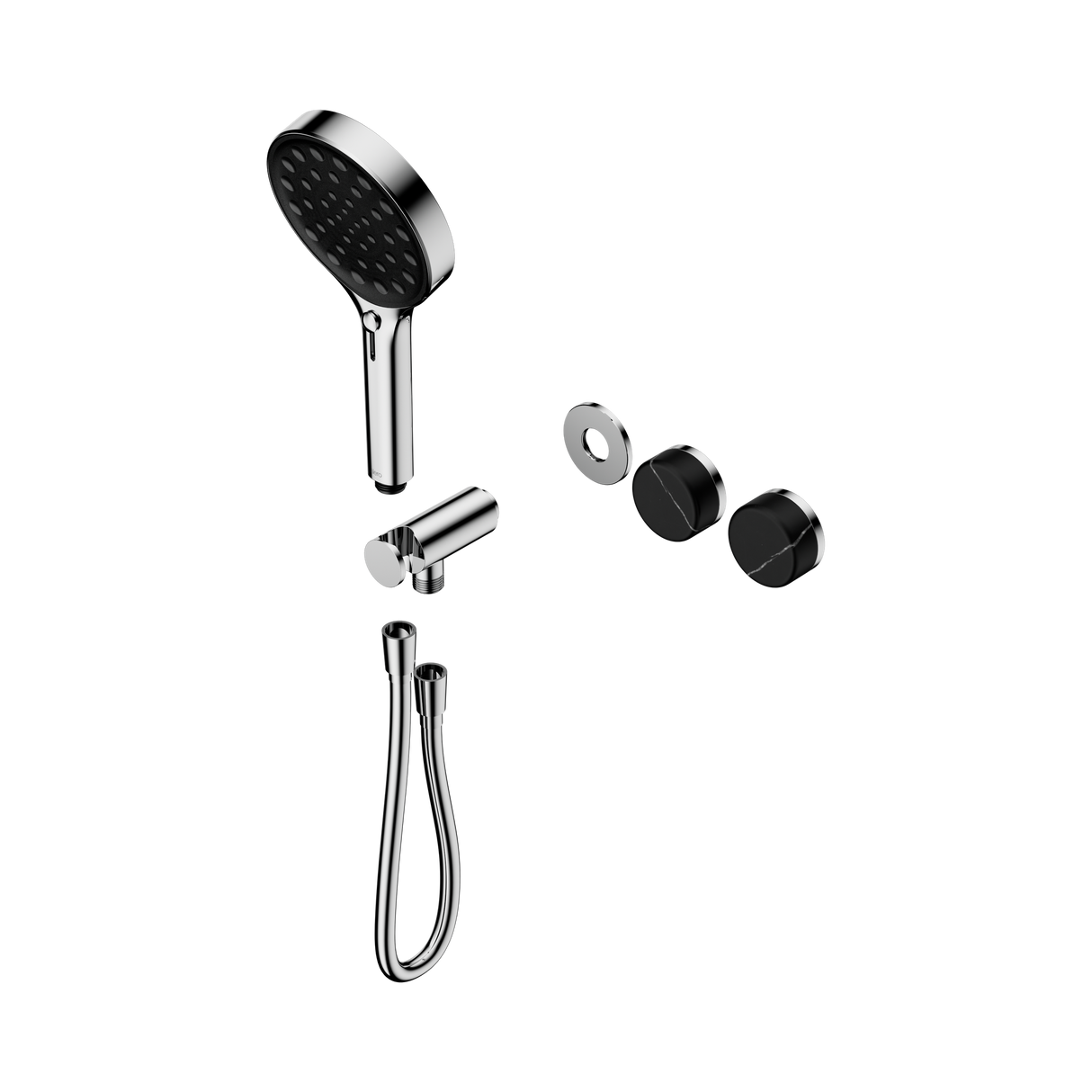 An image of Nero Tapware's Serenity Progressive Shower System With Marquina Black Handle And Serenity Hand Shower Trim Kit Only Chrome