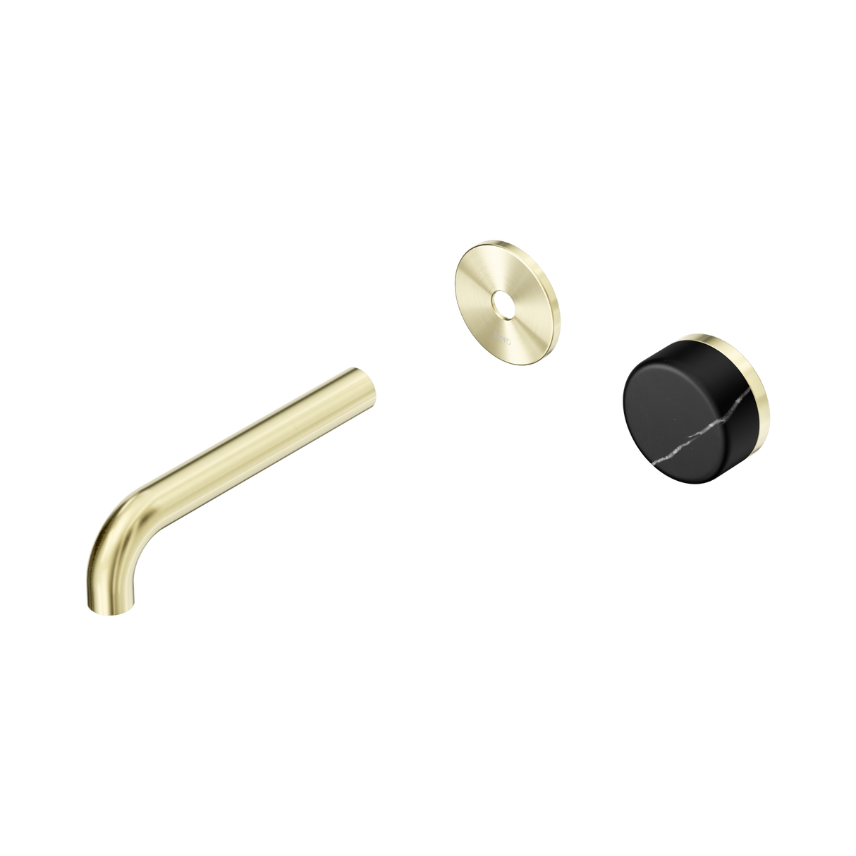 An image of Nero Tapware's Serenity Progressive Wall Basin Mixer 160mm Spout With Marquina Black Handle Trim Kit Only Brushed Gold