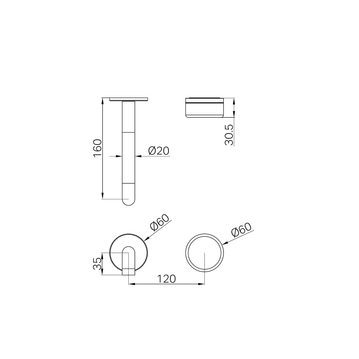 A line drawing of Nero Tapware's Serenity Progressive Wall Basin Mixer 160mm Spout With Marquina Black Handle Trim Kit Only Gun Metal