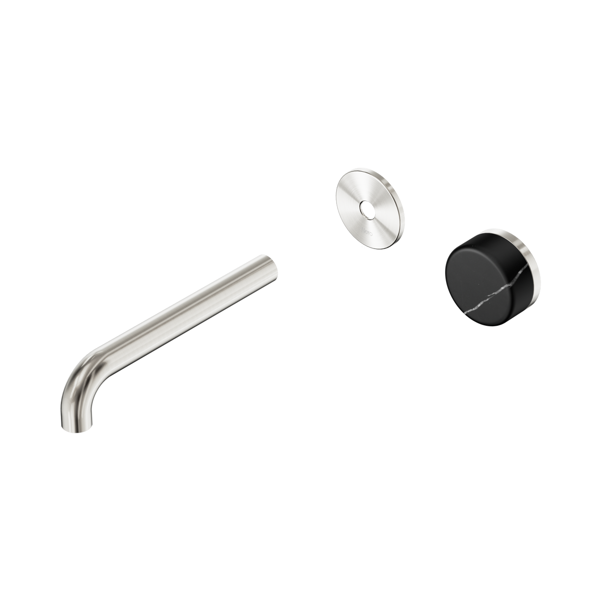 An image of Nero Tapware's Serenity Progressive Wall Basin Mixer 185mm Spout With Marquina Black Handle Trim Kit Only Brushed Nickel