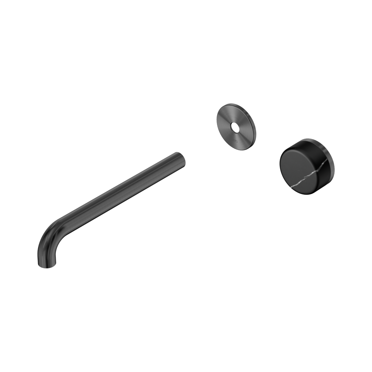 An image of Nero Tapware's Serenity Progressive Wall Basin Mixer 220mm Spout With Marquina Black Handle Trim Kit Only Gun Metal