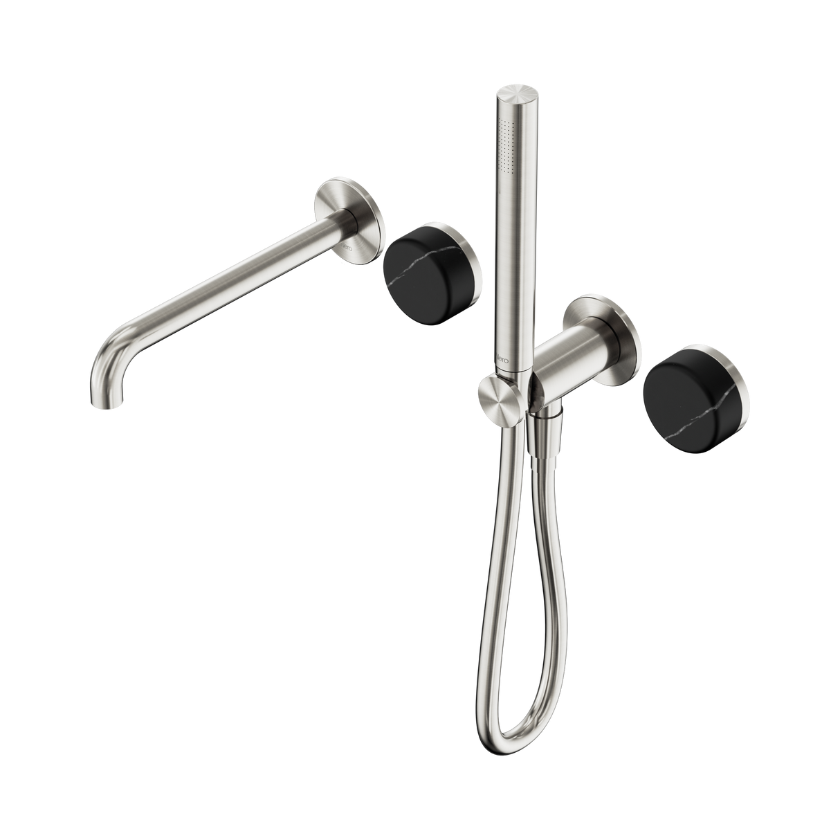 An image of Nero Tapware's Serenity Progressive Shower System With Spout With Marquina Black Handle And Slim Shower Brushed Nickel