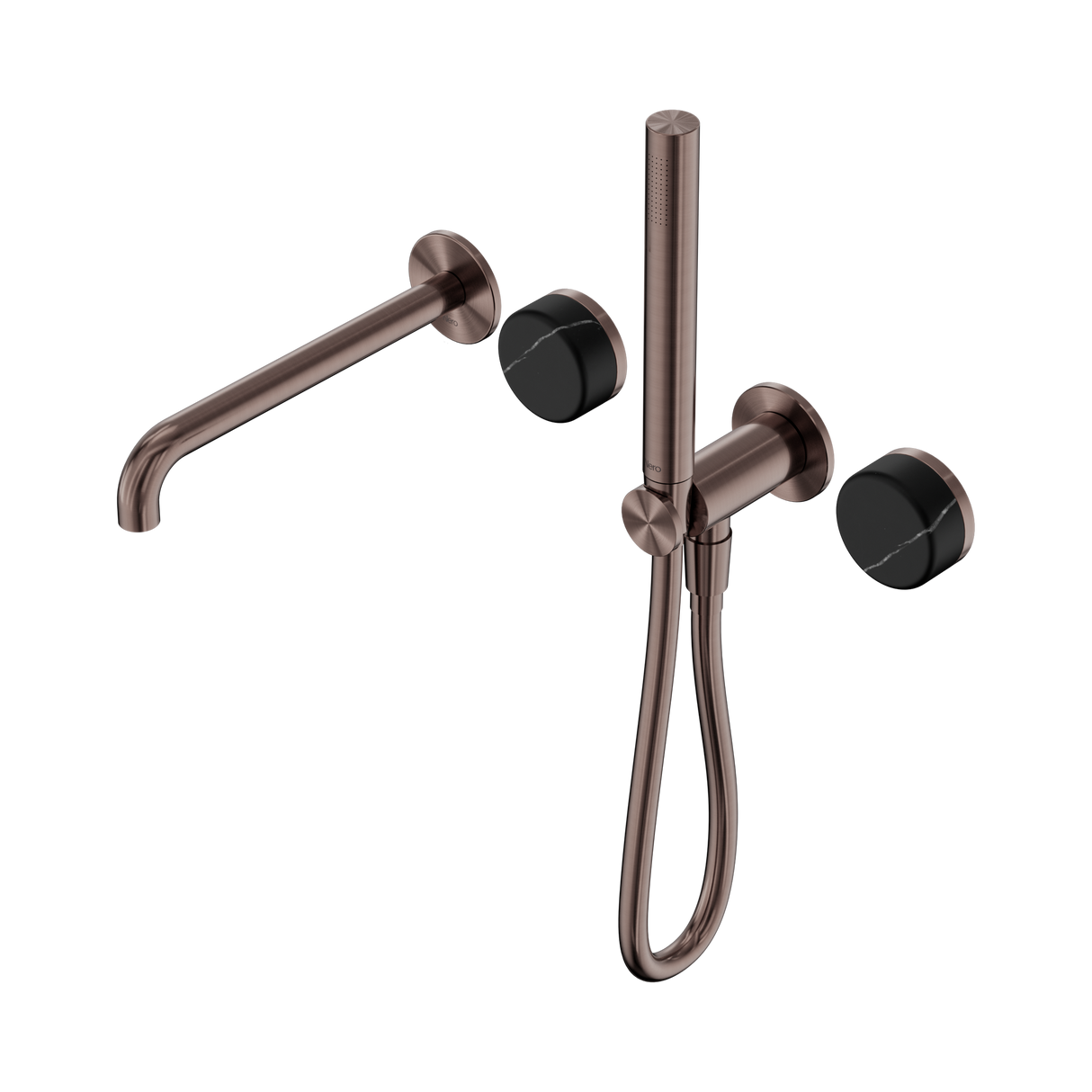 An image of Nero Tapware's Serenity Progressive Shower System With Spout With Marquina Black Handle And Slim Shower Brushed Bronze
