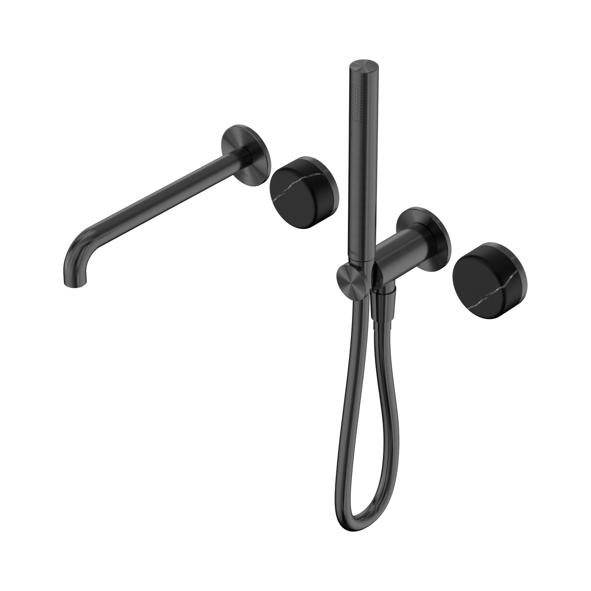 An image of Nero Tapware's Serenity Progressive Shower System With Spout With Marquina Black Handle And Slim Shower Gun Metal