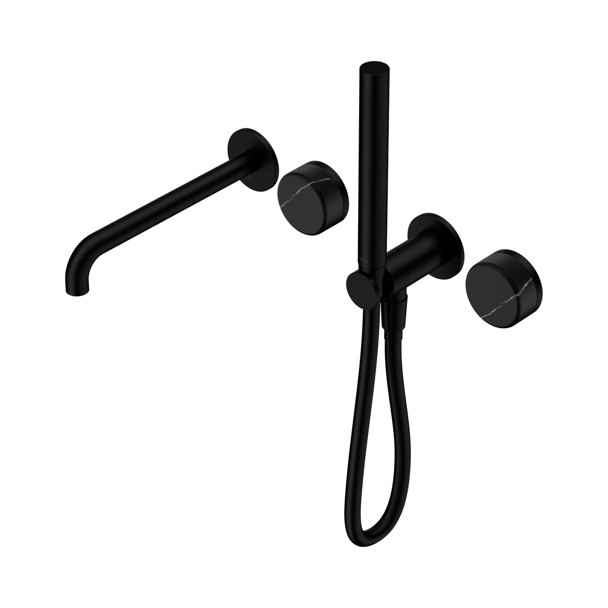 An image of Nero Tapware's Serenity Progressive Shower System With Spout With Marquina Black Handle And Slim Shower Matt Black