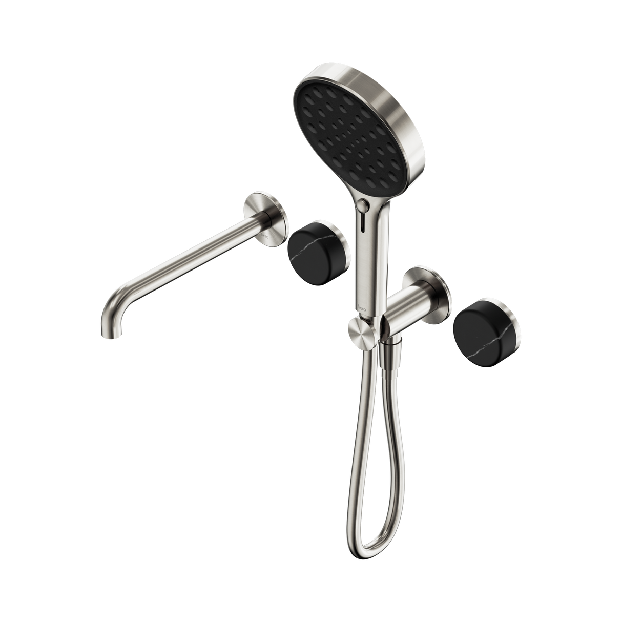 An image of Nero Tapware's Serenity Progressive Shower System With Spout With Marquina Black Handle And Serenity Hand Shower Brushed Nickel