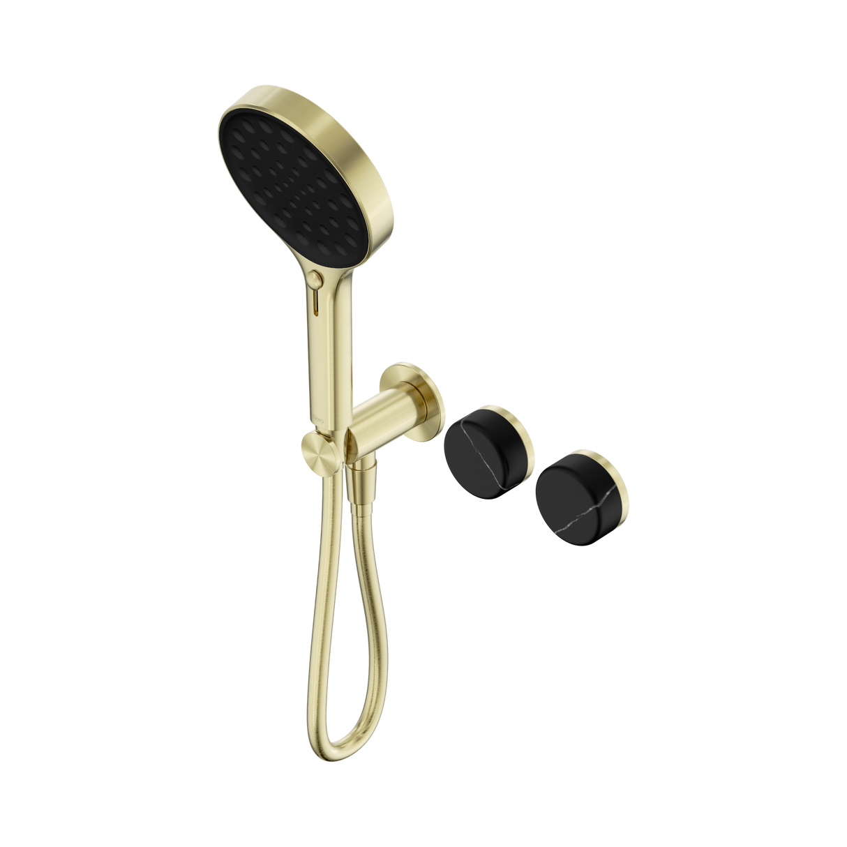 An image of Nero Tapware's Serenity Progressive Shower System With Marquina Black Handle And Serenity Hand Shower Brushed Gold