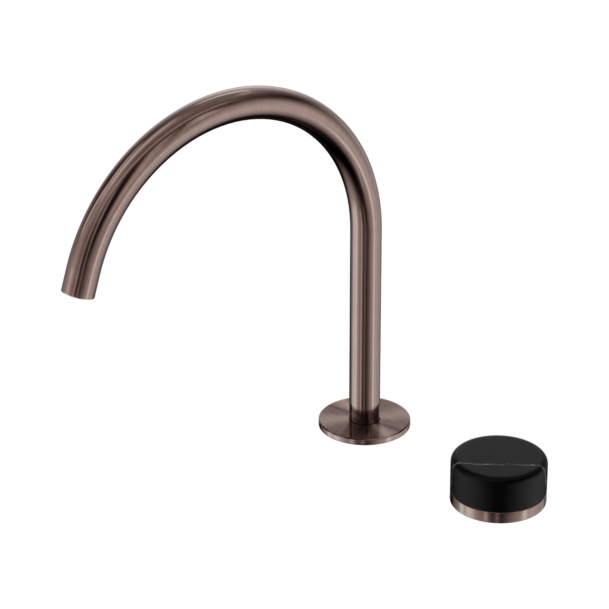 An image of Nero Tapware's Serenity Progressive Bath/Kitchen Mixer Arc Spout With Marquina Black Handle Brushed Bronze