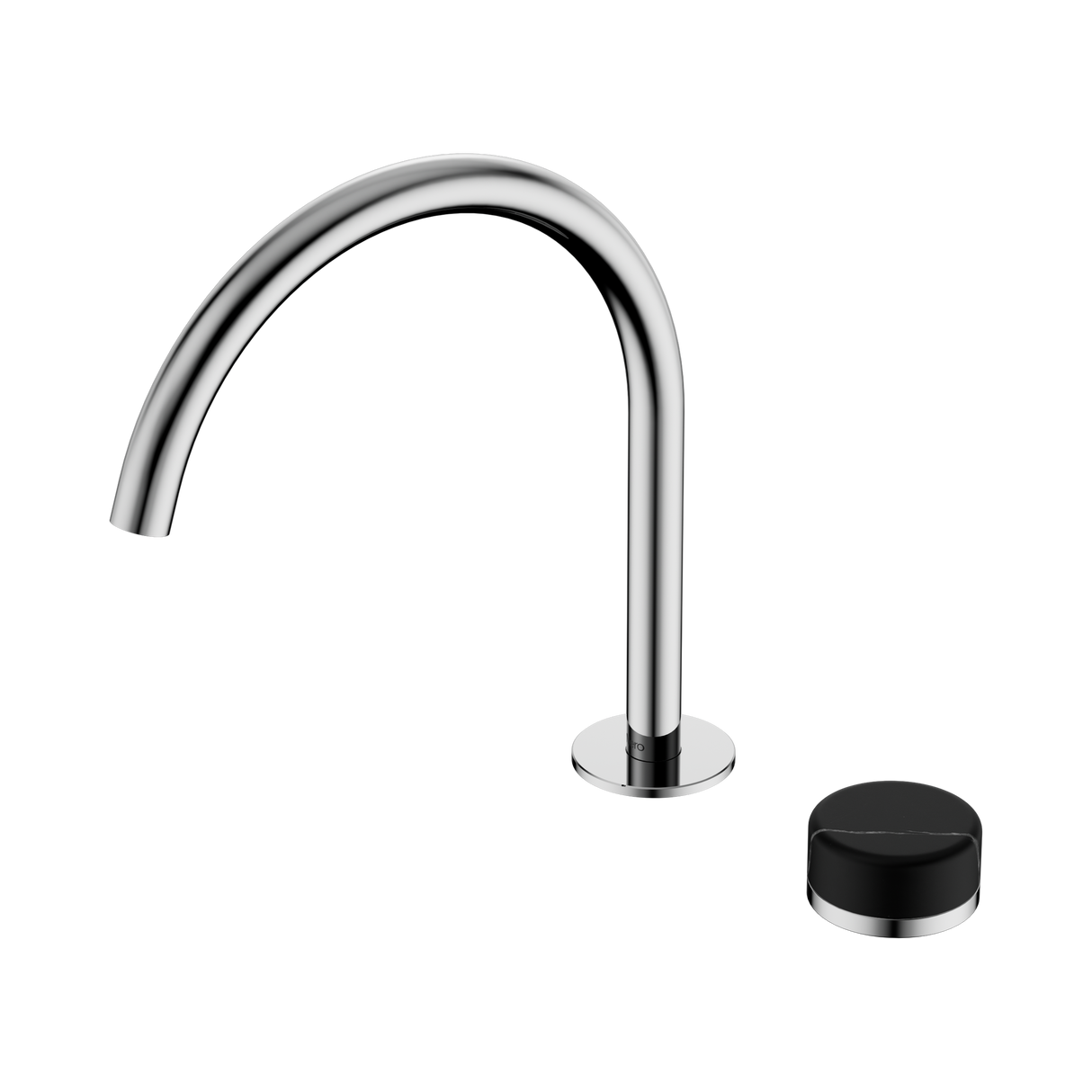 An image of Nero Tapware's Serenity Progressive Bath/Kitchen Mixer Arc Spout With Marquina Black Handle Chrome