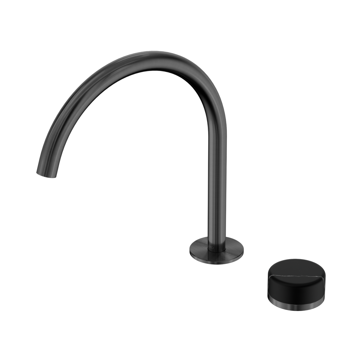 An image of Nero Tapware's Serenity Progressive Bath/Kitchen Mixer Arc Spout With Marquina Black Handle Gun Metal