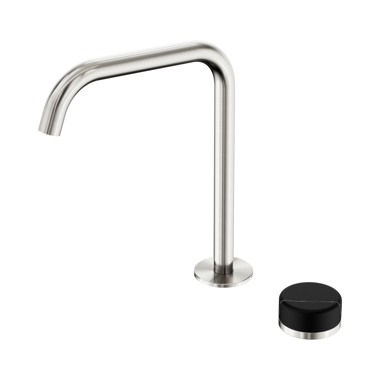 An image of Nero Tapware's Serenity Progressive Bath/Kitchen Mixer Edge Spout With Marquina Black Handle Brushed Nickel