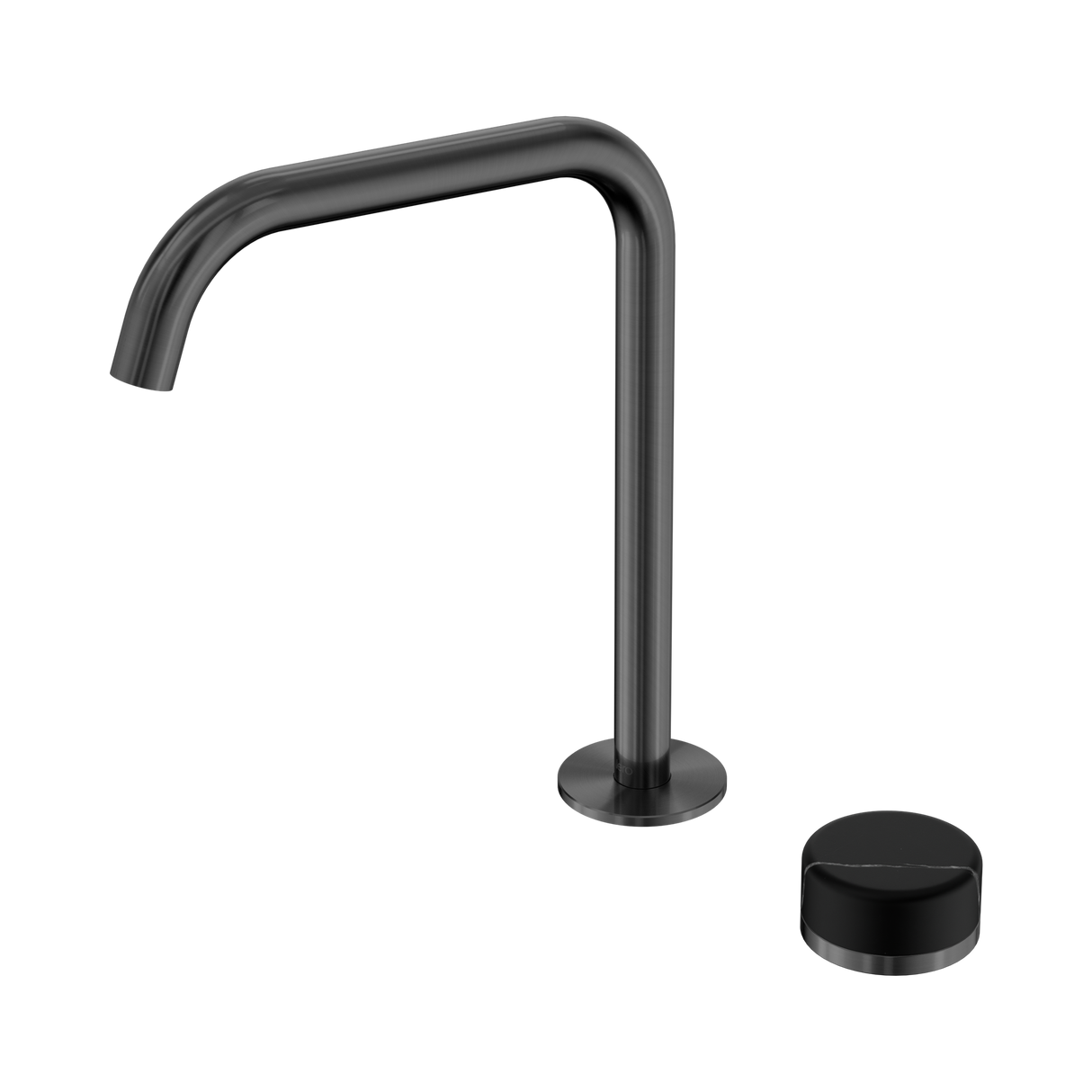 An image of Nero Tapware's Serenity Progressive Bath/Kitchen Mixer Edge Spout With Marquina Black Handle Gun Metal