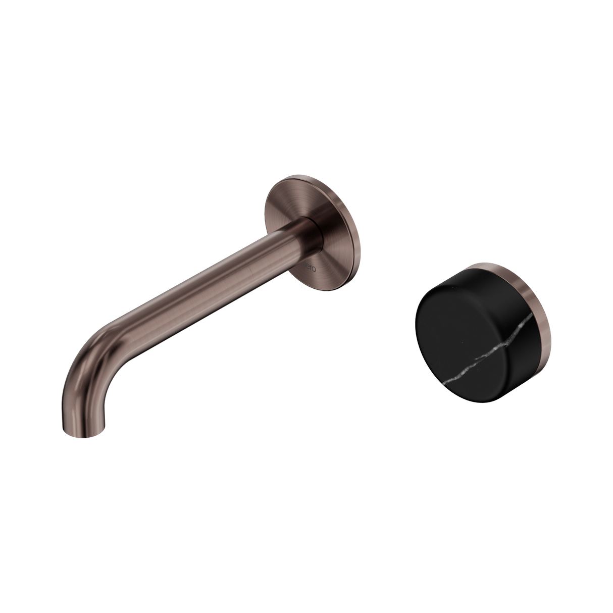 An image of Nero Tapware's Serenity Progressive Wall Basin Mixer 160mm Spout With Marquina Black Handle Brushed Bronze