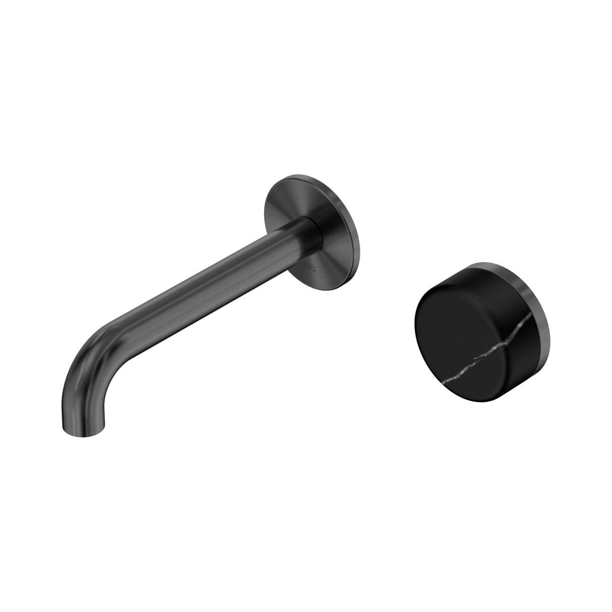 An image of Nero Tapware's Serenity Progressive Wall Basin Mixer 160mm Spout With Marquina Black Handle Gun Metal