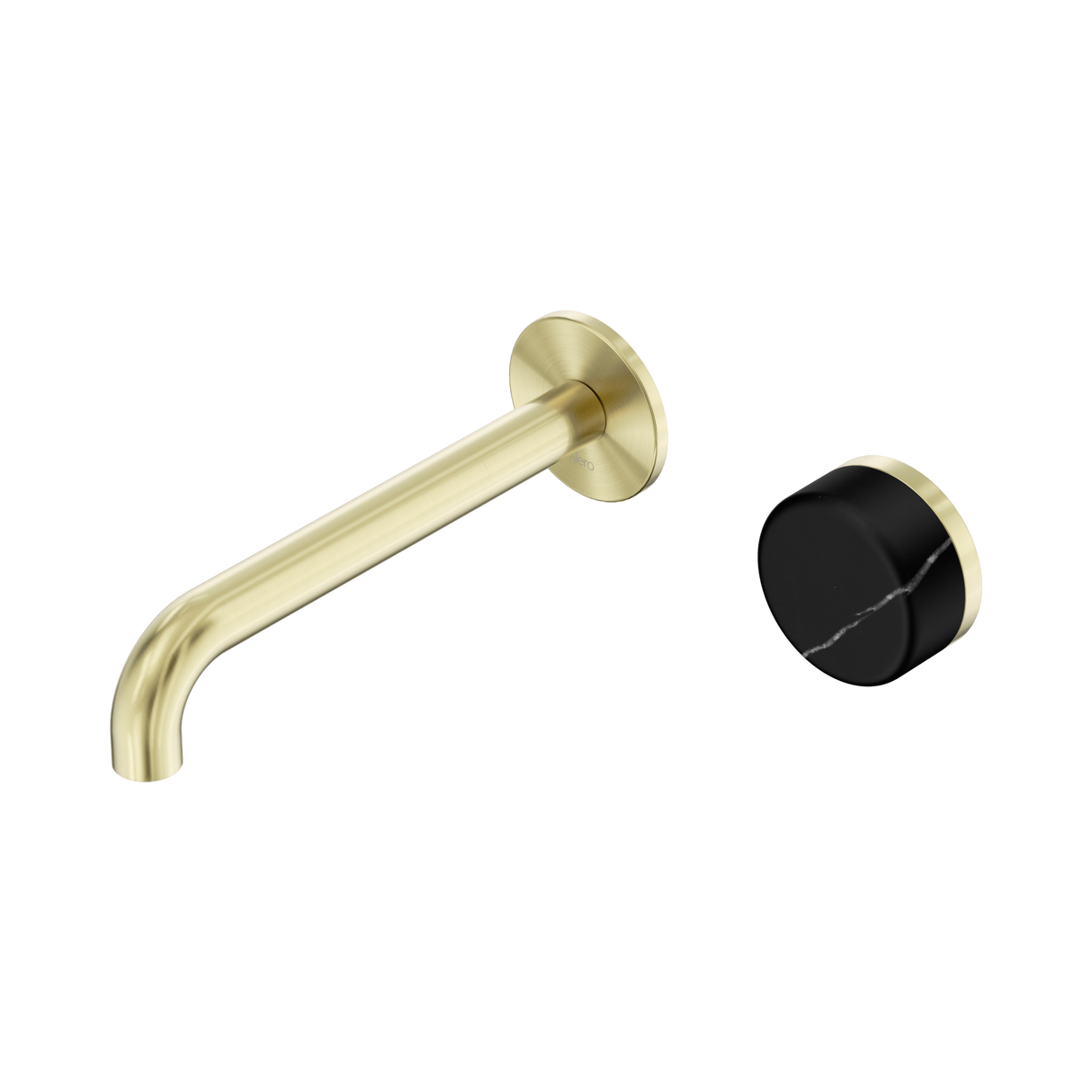 An image of Nero Tapware's Serenity Progressive Wall Basin Mixer 185mm Spout With Marquina Black Handle Brushed Gold