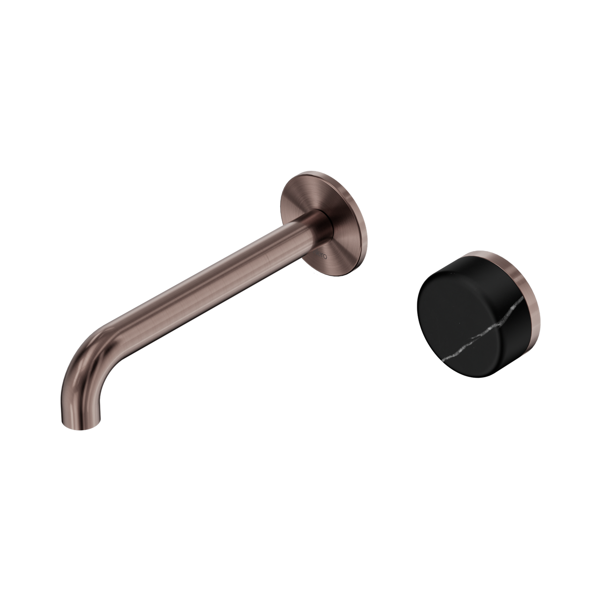 An image of Nero Tapware's Serenity Progressive Wall Basin Mixer 185mm Spout With Marquina Black Handle Brushed Bronze