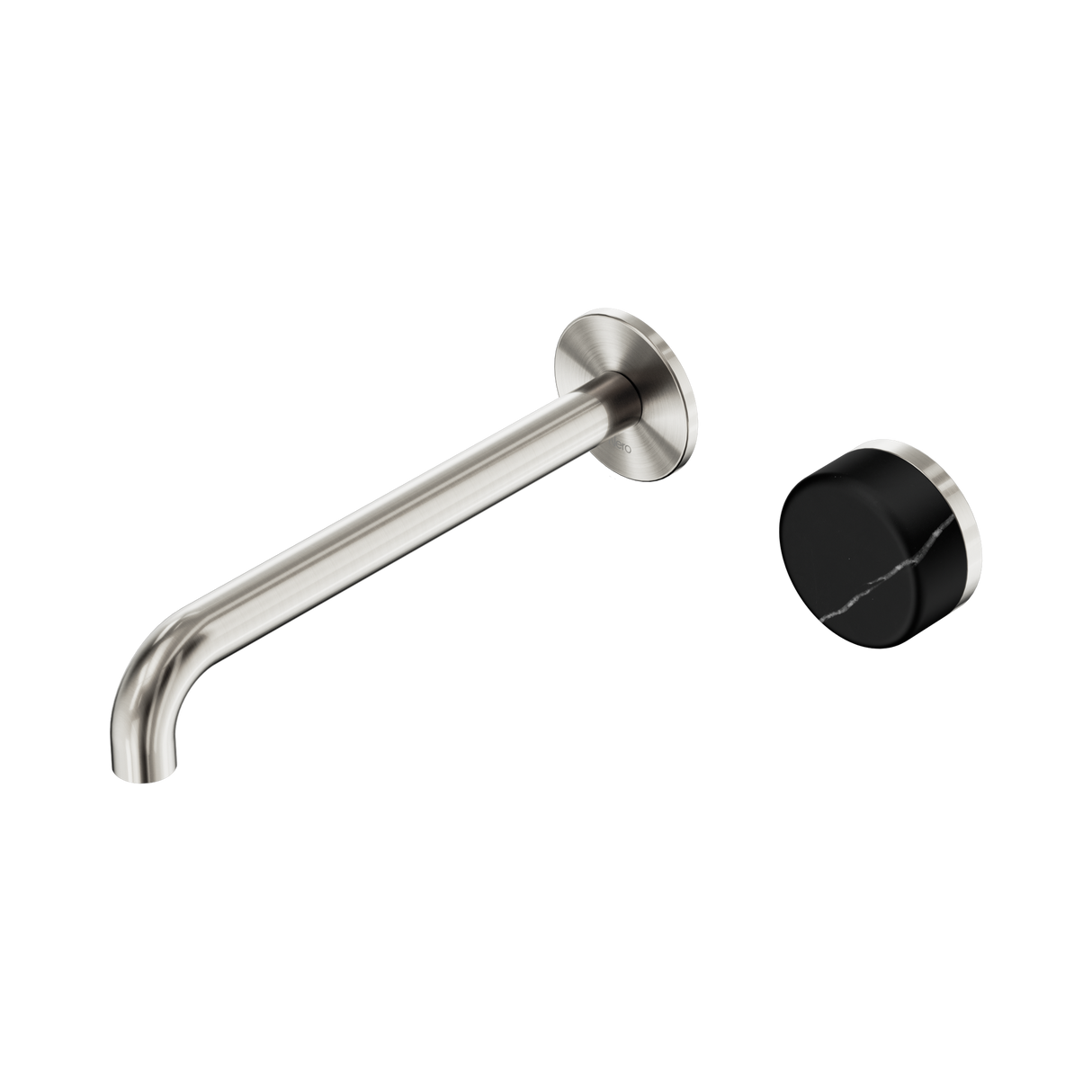 An image of Nero Tapware's Serenity Progressive Wall Basin Mixer 220mm Spout With Marquina Black Handle Brushed Nickel