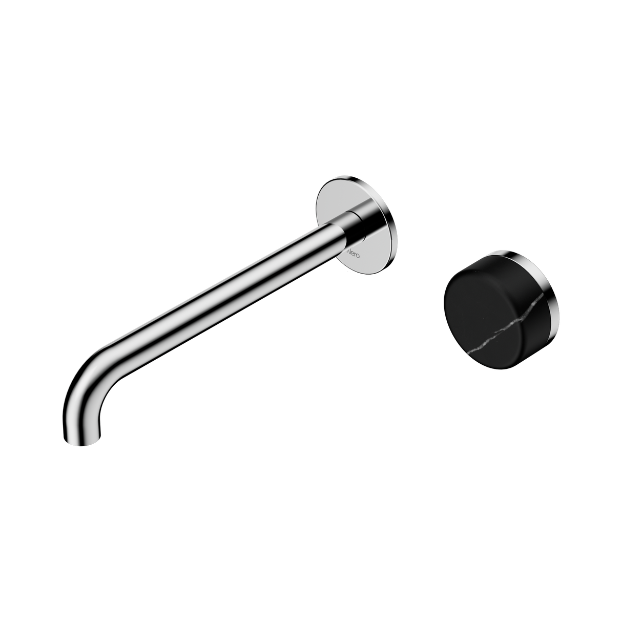 An image of Nero Tapware's Serenity Progressive Wall Basin Mixer 220mm Spout With Marquina Black Handle Chrome