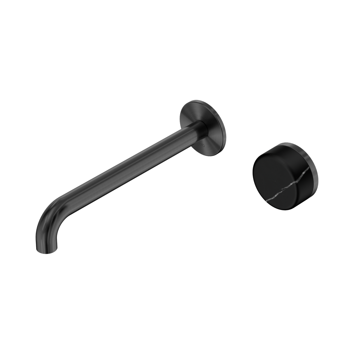 An image of Nero Tapware's Serenity Progressive Wall Basin Mixer 220mm Spout With Marquina Black Handle Gun Metal