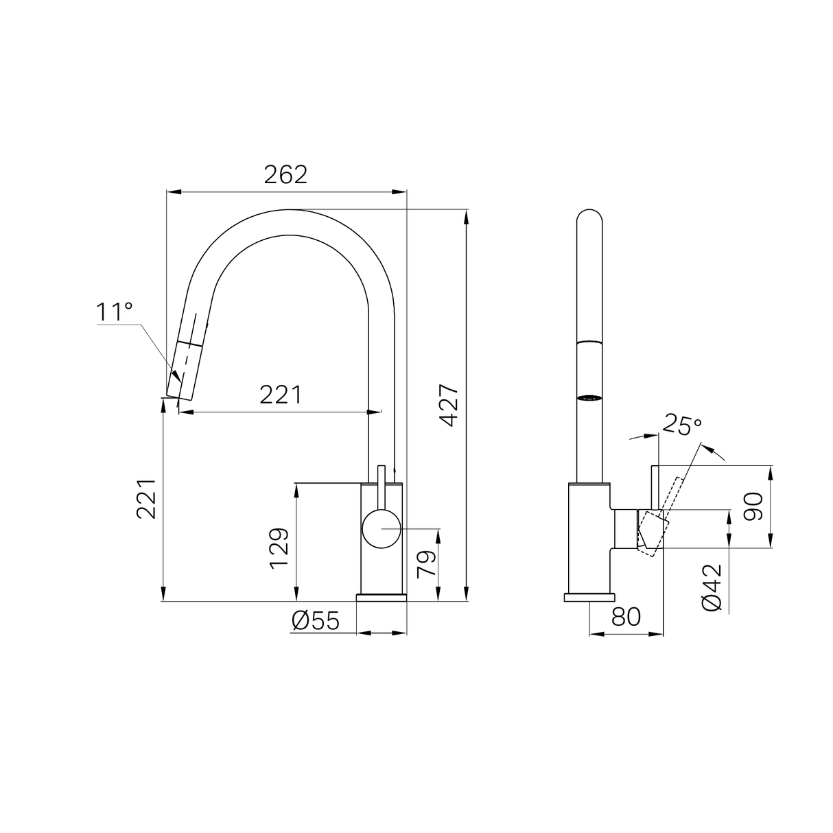 A line drawing of Nero Tapware Dolce II Pull Out Sink Mixer Matte Black