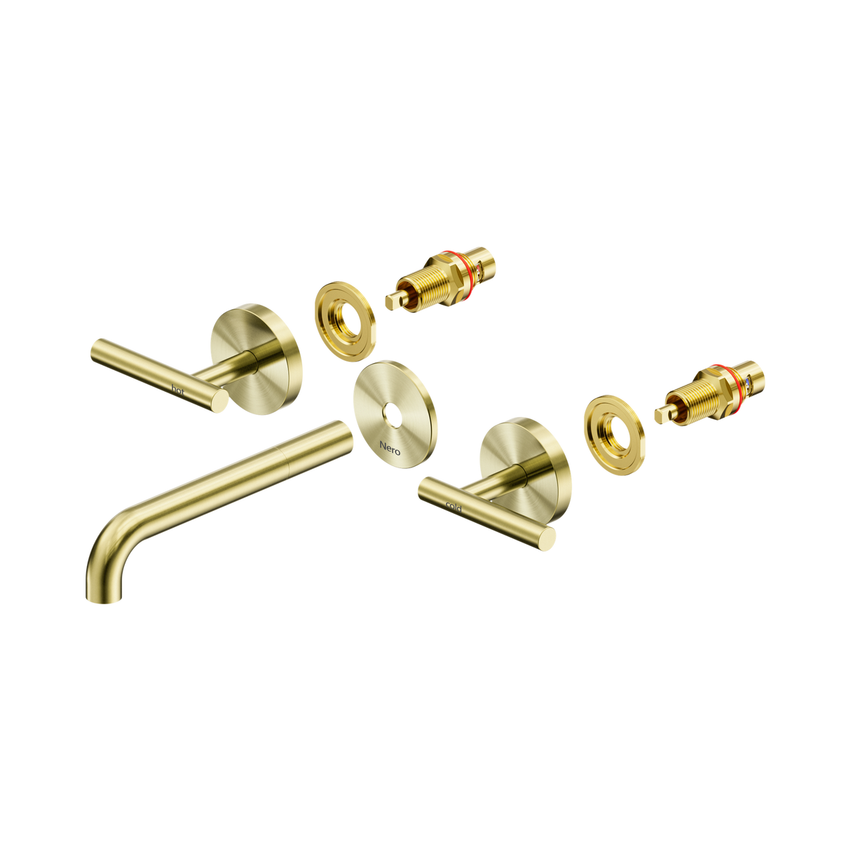 An image of Nero Tapware Mecca Wall Basin/Bath Set 185mm Spout Trim kits Only Brushed Gold