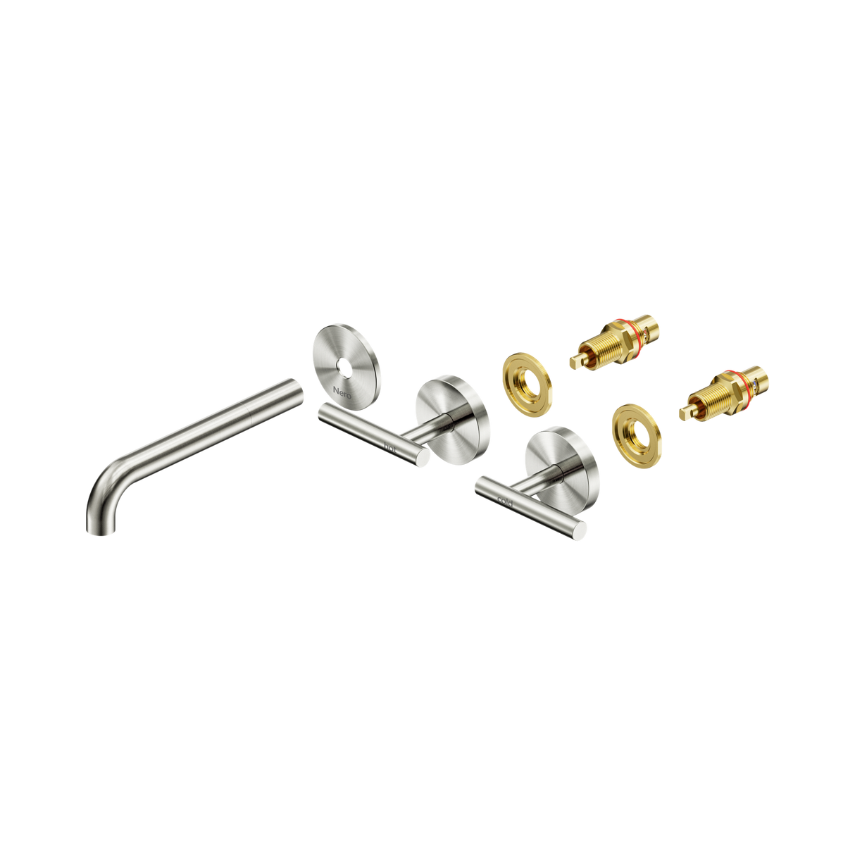 An image of Nero Tapware Mecca Wall Basin/Bath Set 185mm Spout Trim kits Only Brushed Nickel