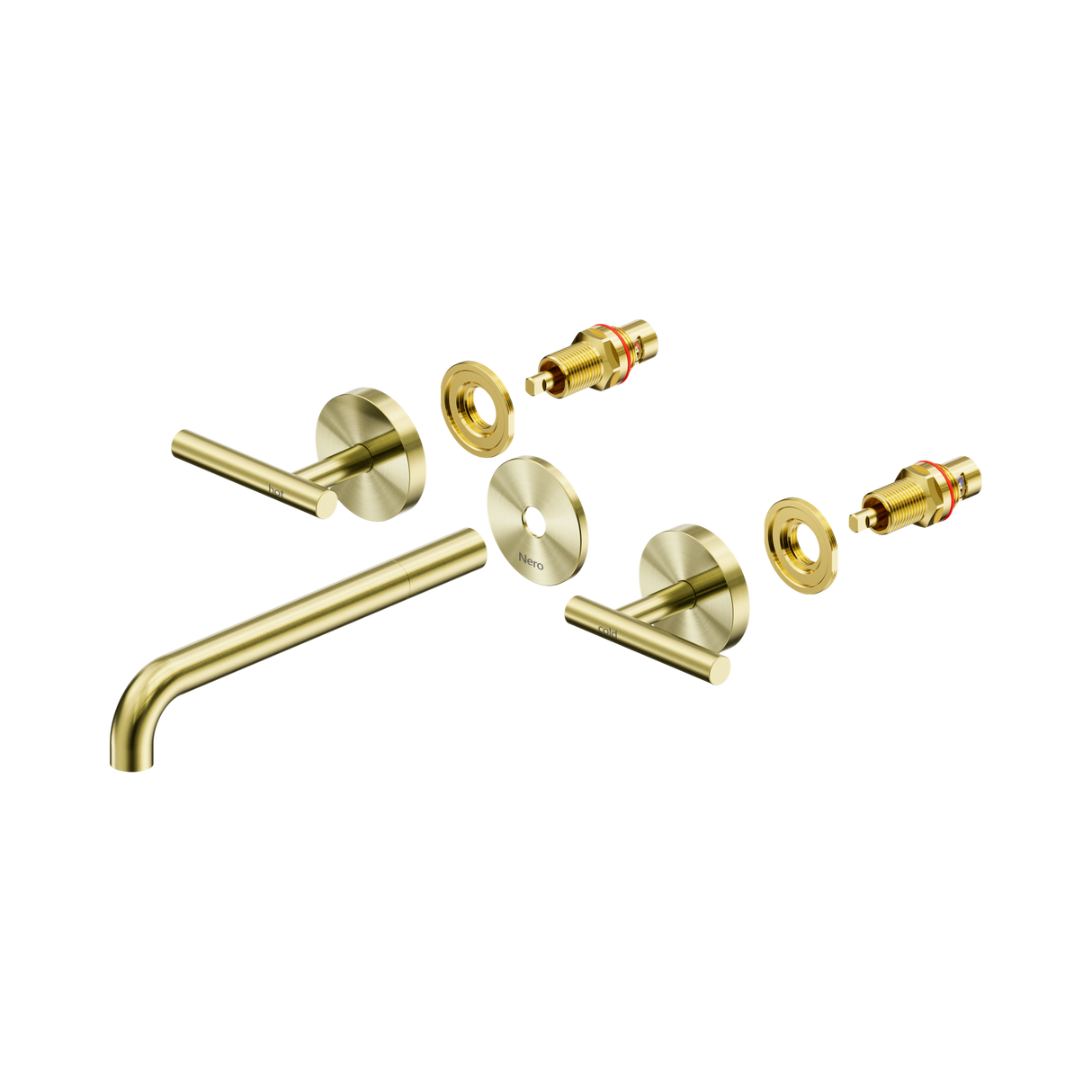 An image of Nero Tapware Mecca Wall Basin/Bath Set 220mm Spout Trim kits Only Brushed Gold