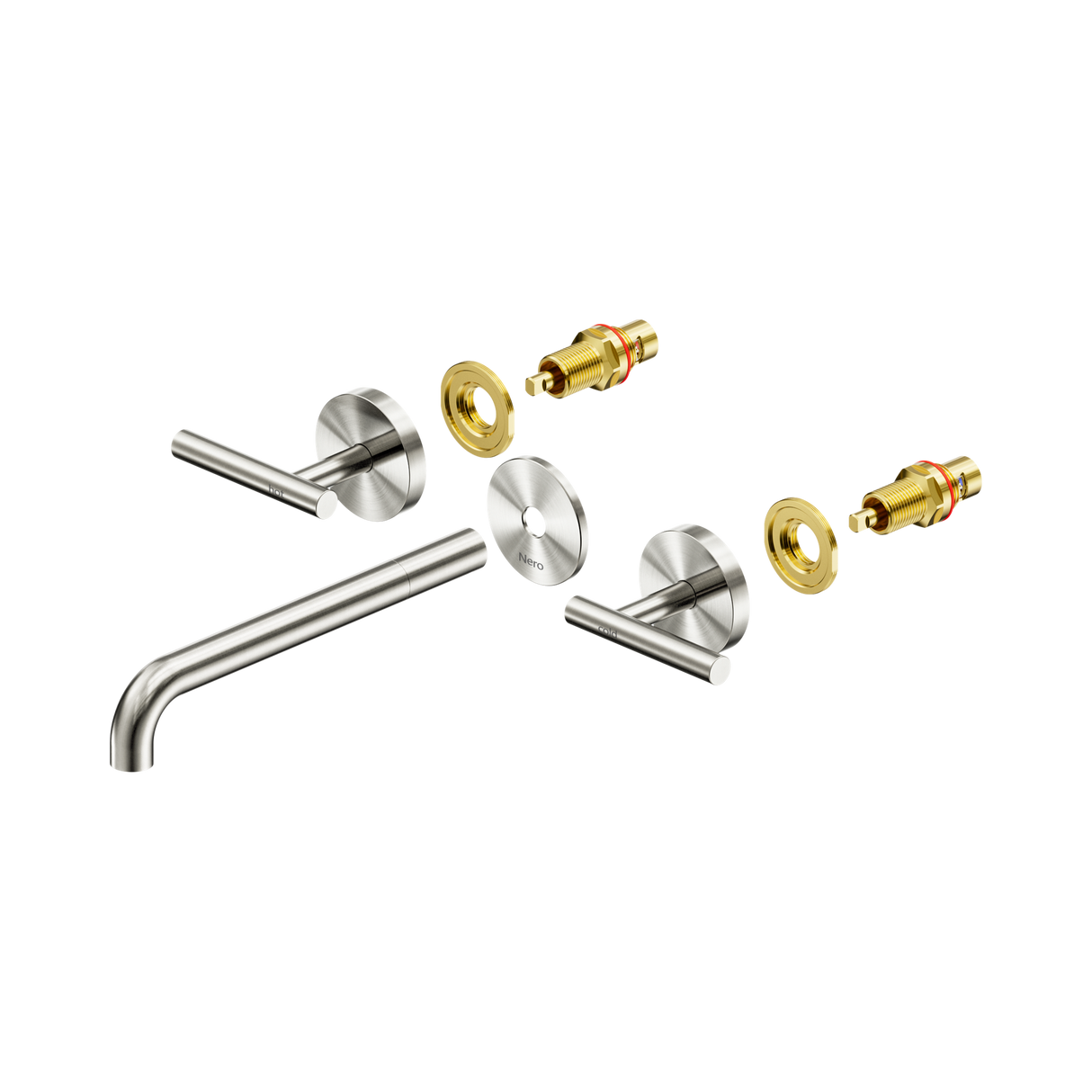 An image of Nero Tapware Mecca Wall Basin/Bath Set 220mm Spout Trim kits Only Brushed Nickel