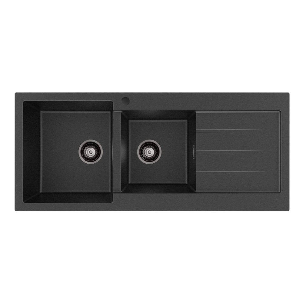 Kuro Granite 32L/22L Double Kitchen Sink with Drainer, Left Bowl, 1 Tap Hole, Matt Black