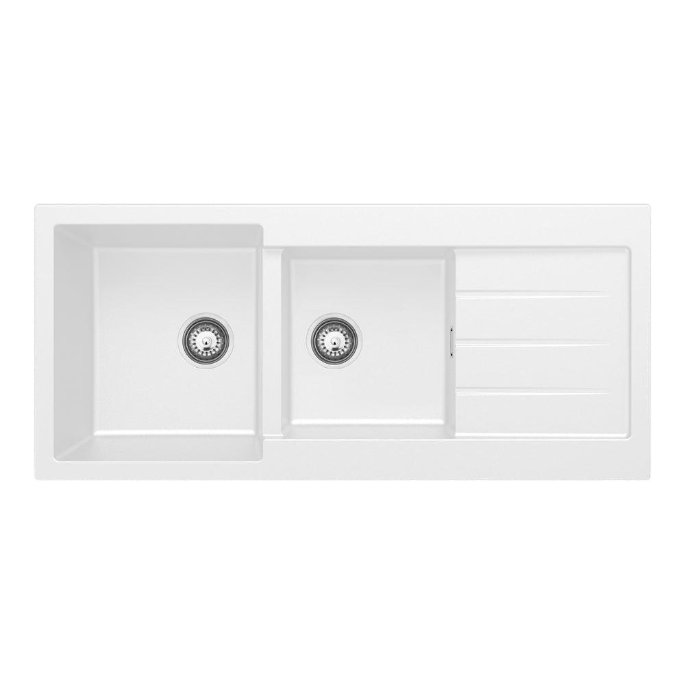 Kuro Granite 32L/22L Double Kitchen Sink with Drainer, Matt White