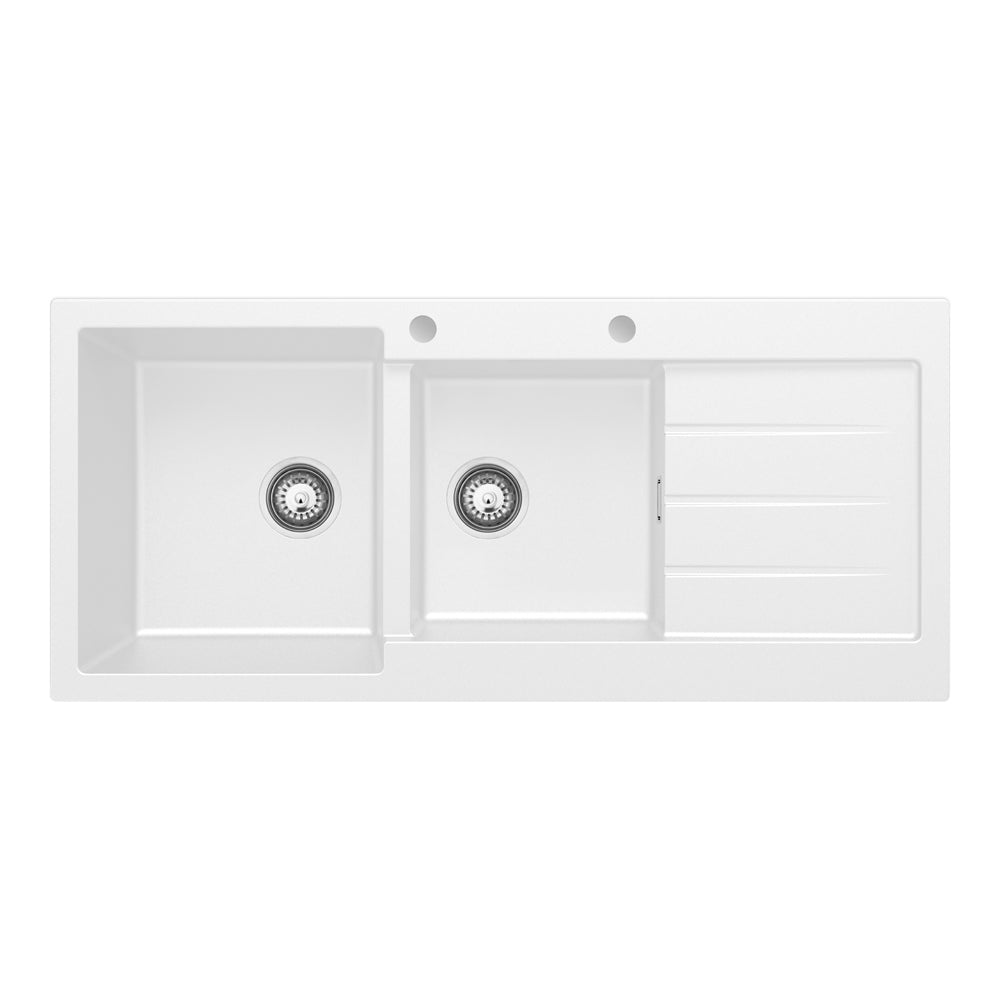 Kuro Granite 32L/22L Double Kitchen Sink with Drainer, Left Bowl, 2 Tap Holes, Matt White