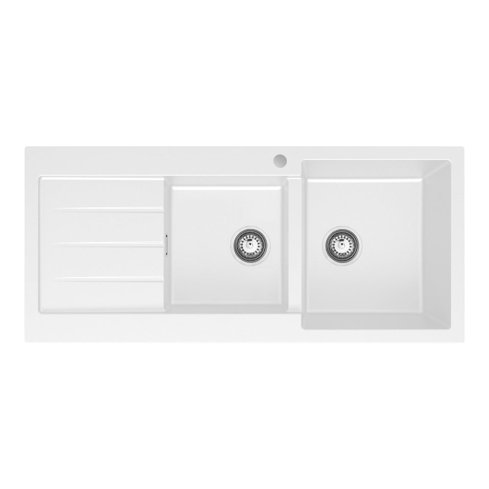 Kuro Granite 32L/22L Double Kitchen Sink with Drainer, Right Bowl, 1 Tap Hole, Matt White