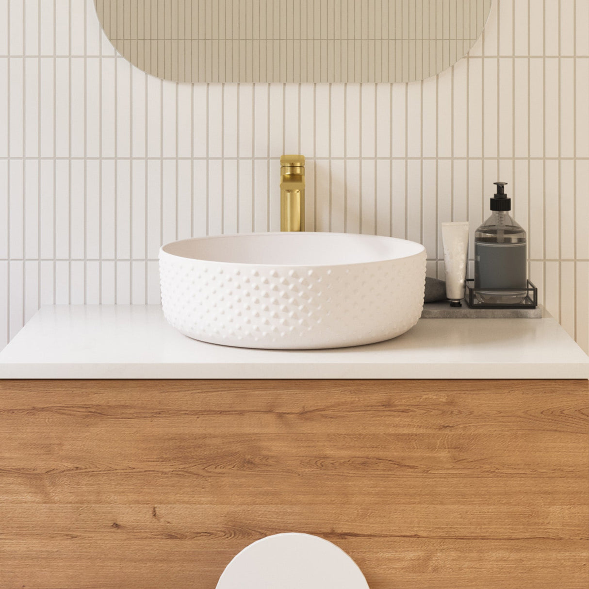 A lifestyle image of Timberline's Allure Dimple Basin 360mm White Matt