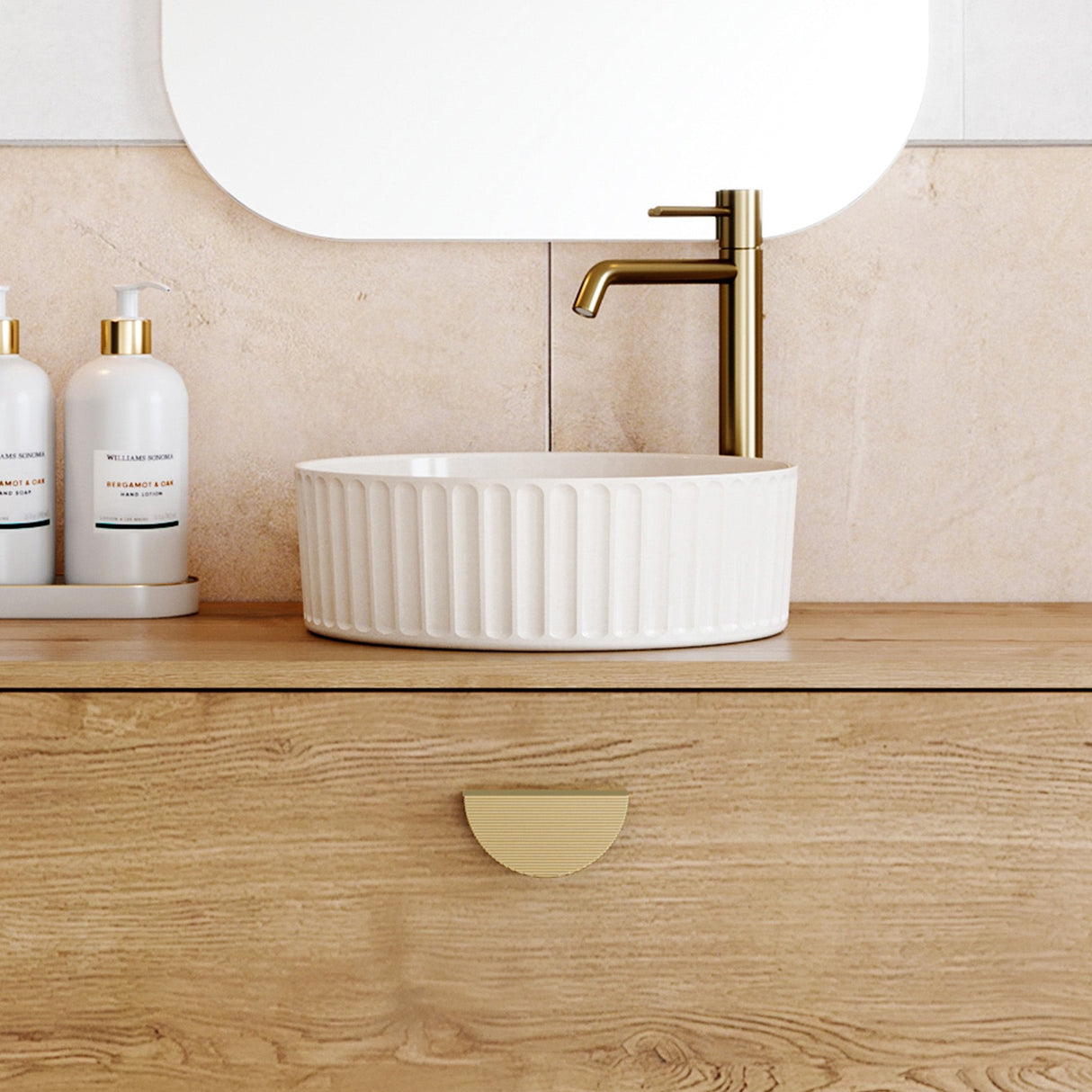 A lifestyle image of Timberline's Allure Flute Basin 365mm White Gloss