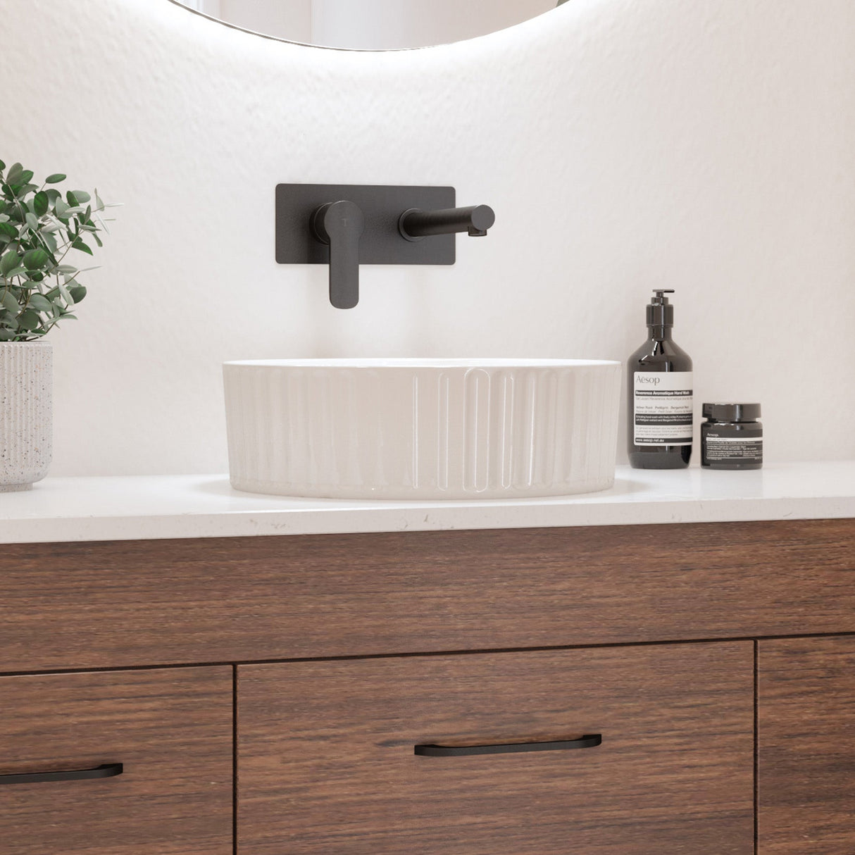 A lifestyle image of Timberline's Allure Flute Basin 365mm White Gloss
