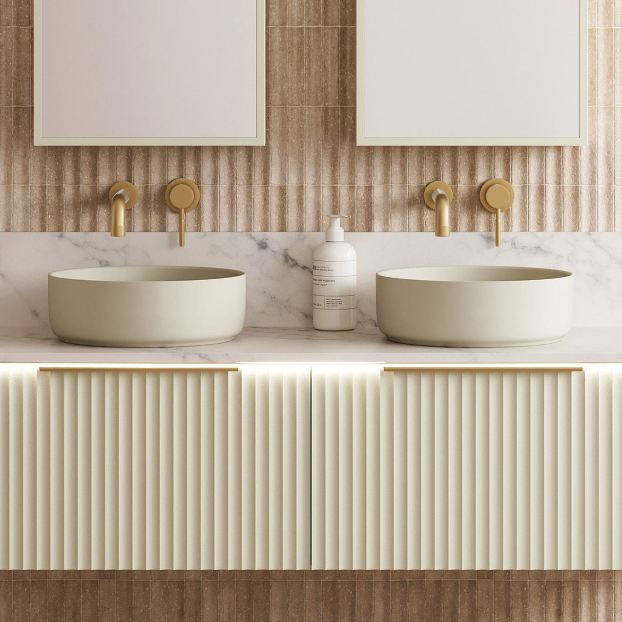 A lifestyle image of Timberline's Allure Basin 360mm Ivory Matt