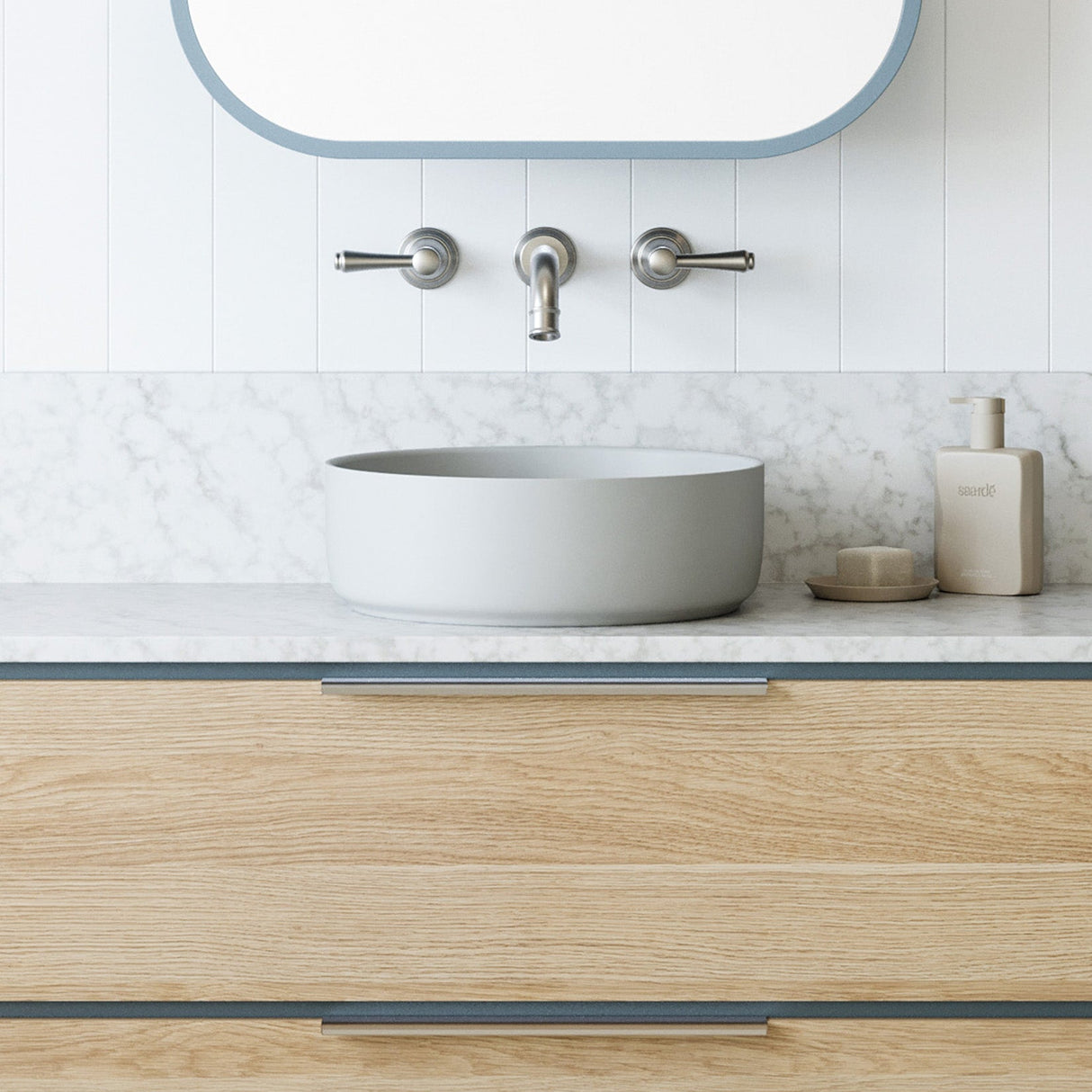 A lifestyle image of Timberline's Allure Basin 360mm Light Grey Matt