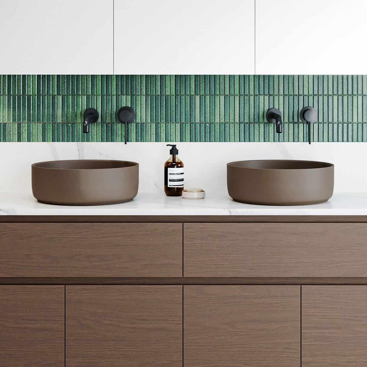 A lifestyle image of Timberline's Allure Basin 360mm Taupe Matt