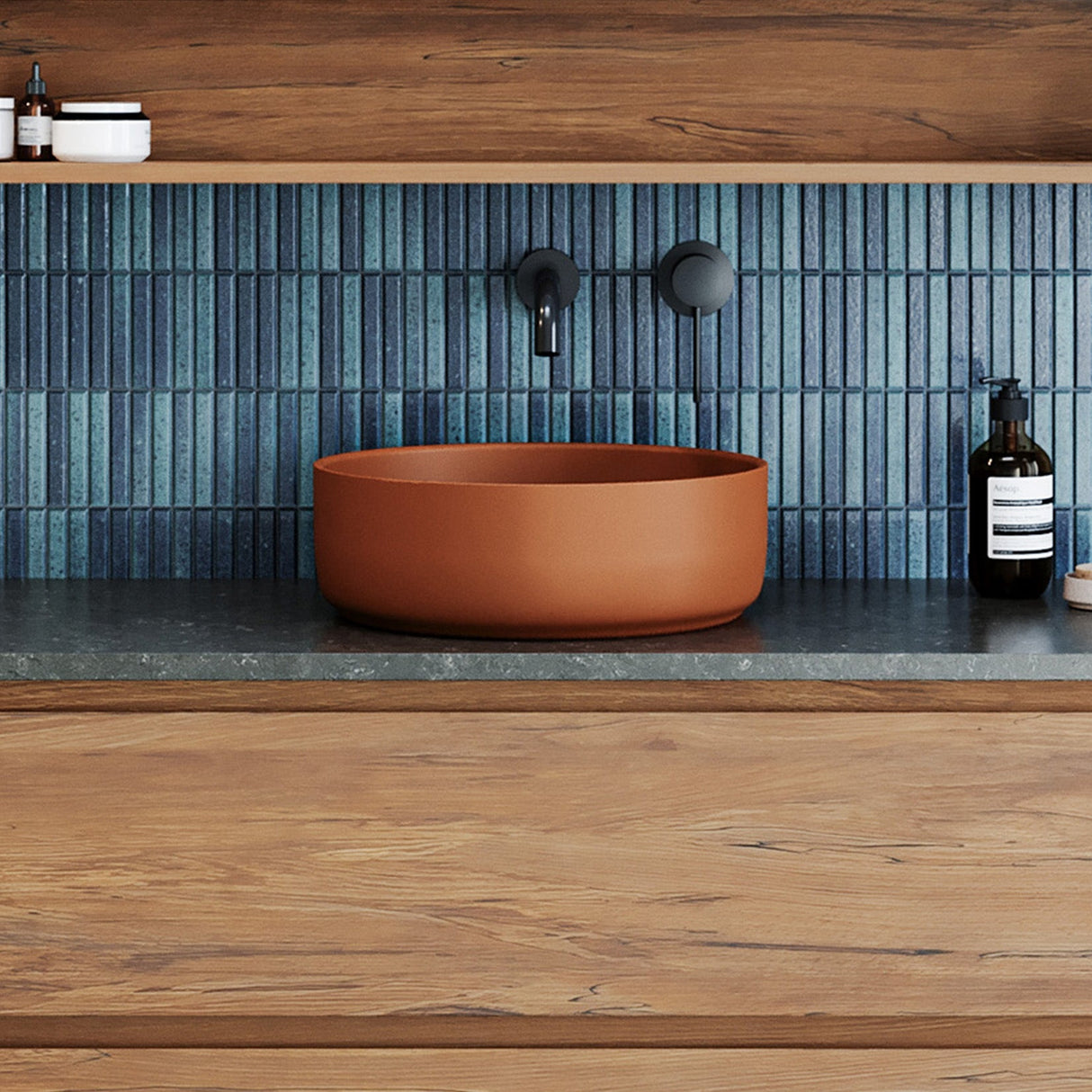 A lifestyle image of Timberline's Allure Basin 360mm Terracotta Matt