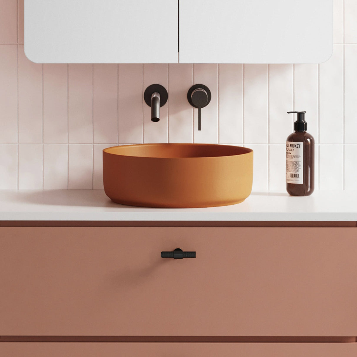 A lifestyle image of Timberline's Allure Basin 360mm Terracotta Matt