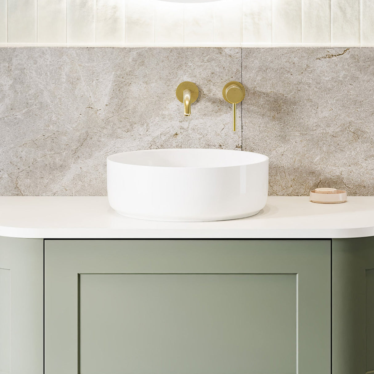 A lifestyle image of Timberline's Allure Basin 360mm White Gloss
