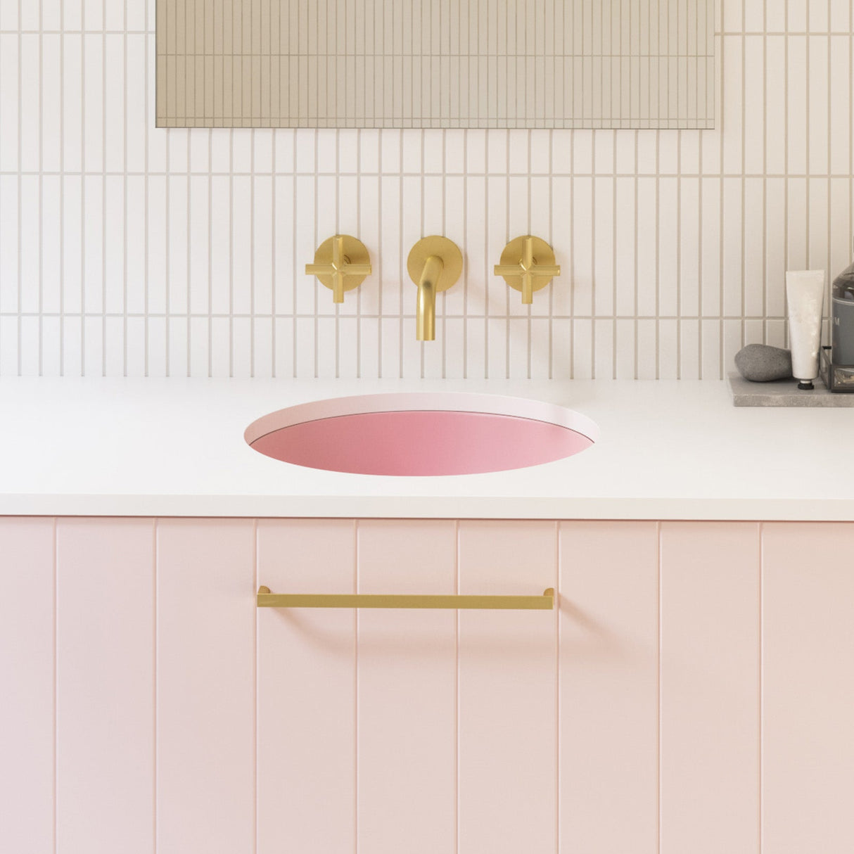 A lifestyle image of Timberline's Allure Basin 360mm Pink Matt