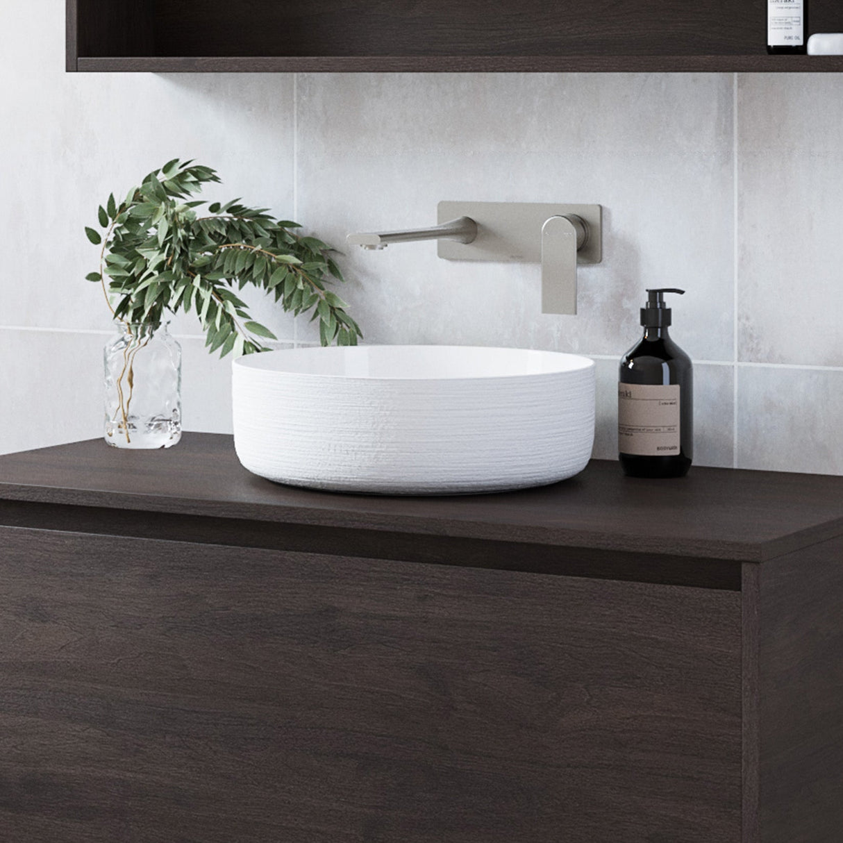 A lifestyle image of Timberline's Allure Raked Basin 360mm White Gloss