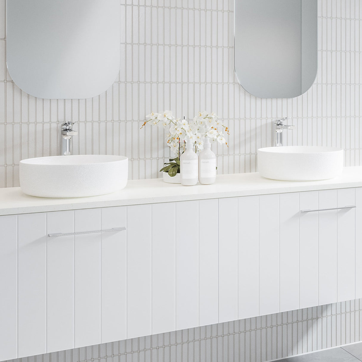 A lifestyle image of Timberline's Allure Raked Basin 360mm White Matt