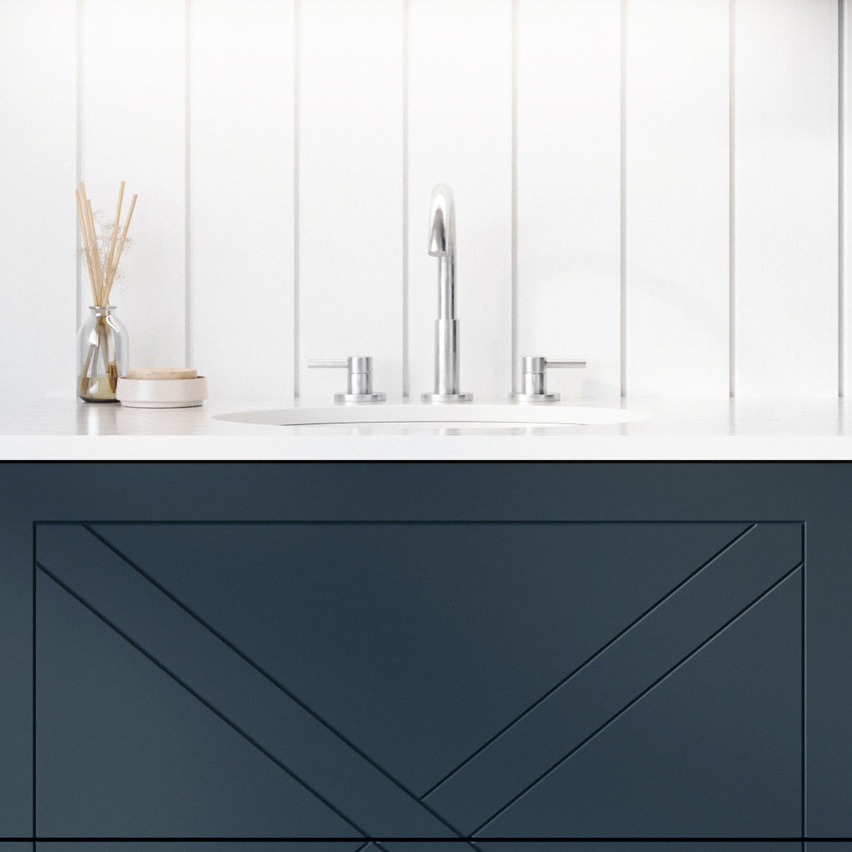 A lifestyle image of Timberline's Amara Undermount Basin 450mm White Gloss