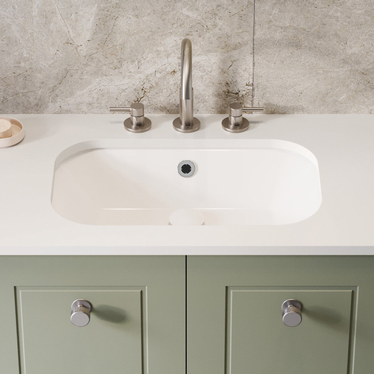 A lifestyle image of Timberline's Bodhi Undermount Basin 540mm White Gloss