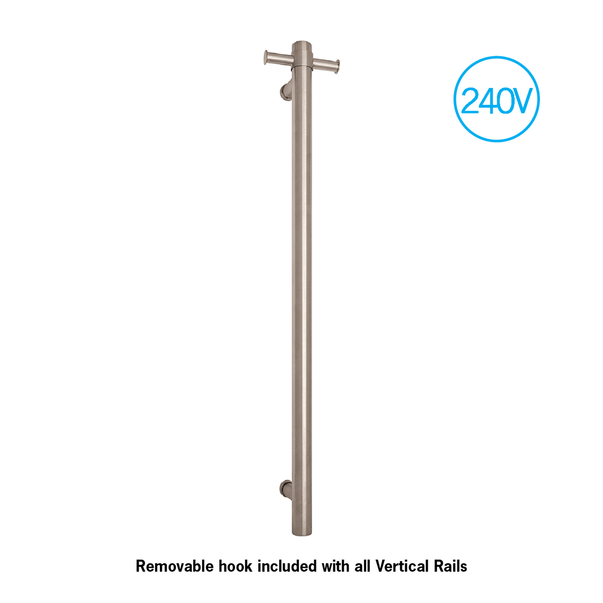 Thermorail Straight/Round 240Volt Vertical Bar 900x142x100mm 20Watt With Optional Hook - Brushed