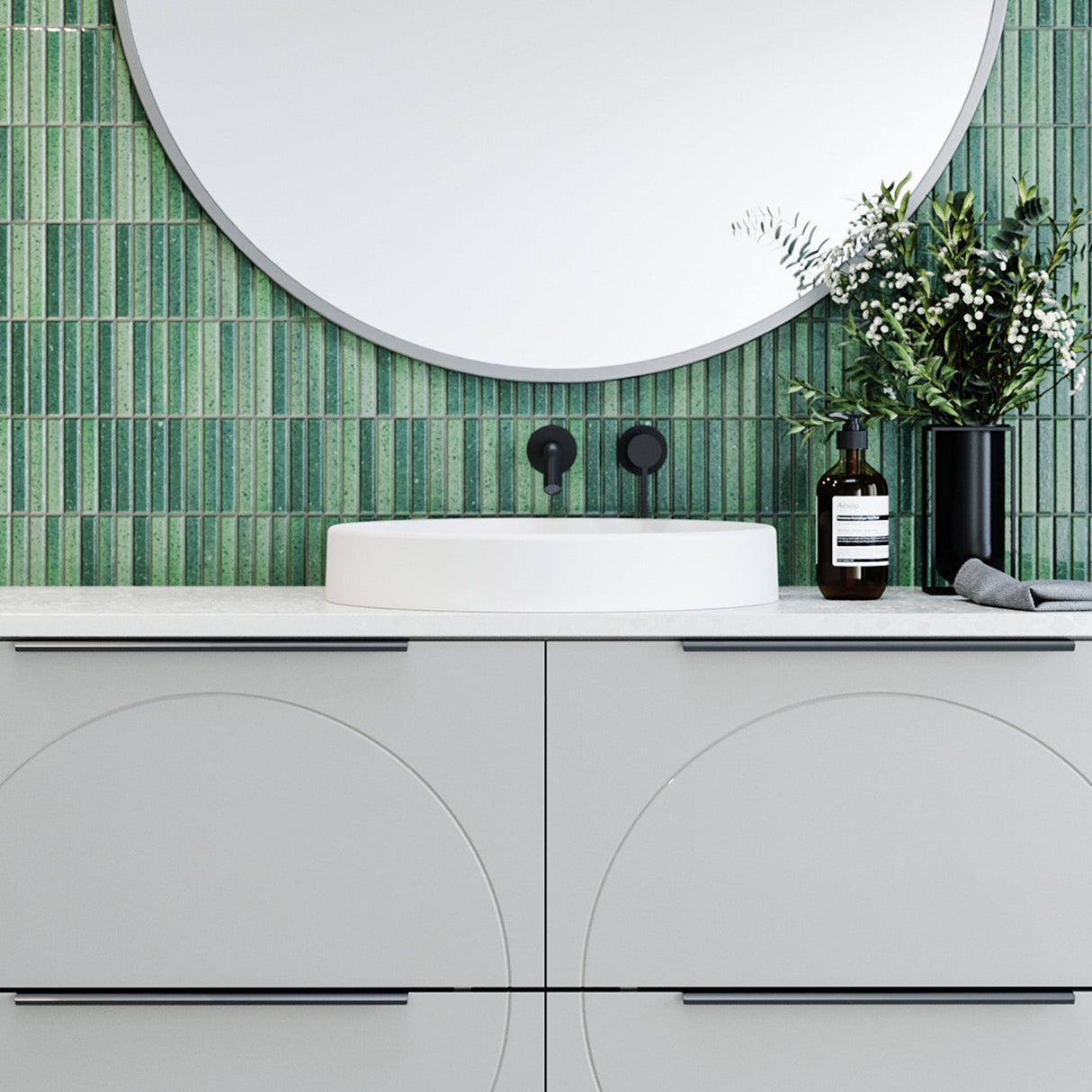 A lifestyle image of Timberline's Corrida Basin 430mm White Gloss