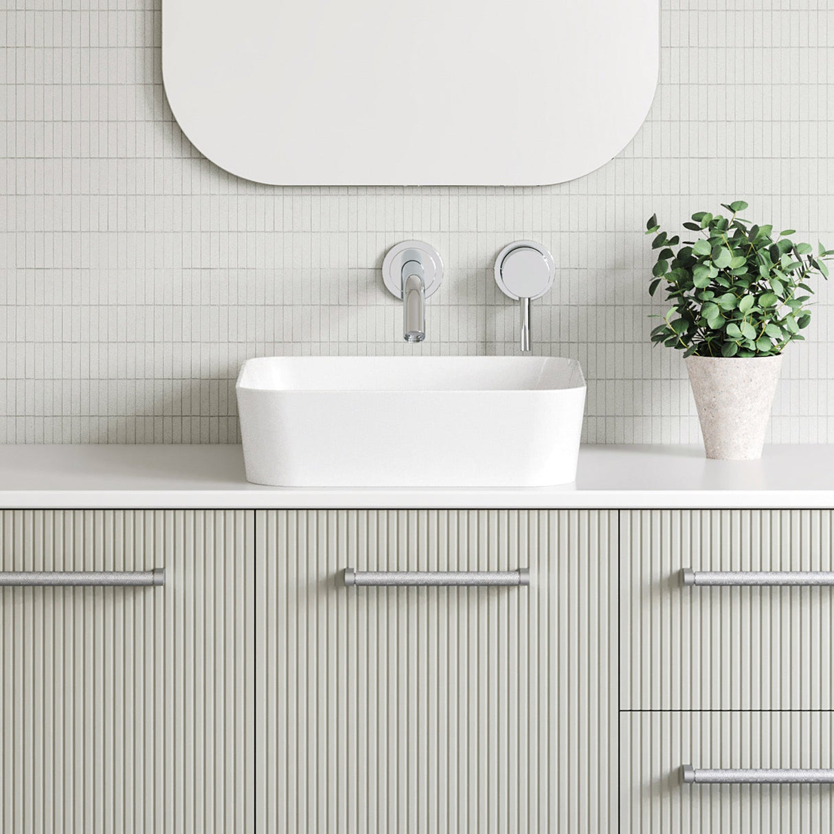 A lifestyle image of Timberline's Florent Basin 400mm White Gloss
