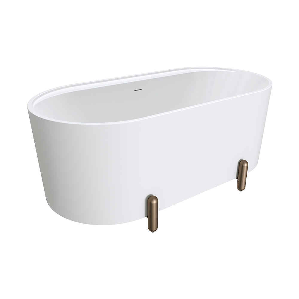 Aluca Freestanding Bath, 1500mm Matt White with Brushed Copper Legs with overflow